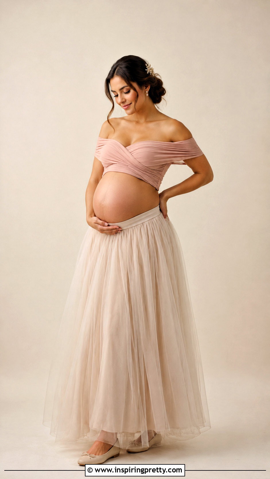 Off Shoulder Maternity Crop Top And Tulle Skirt Photoshoot - 25 maternity crop top photoshoot ideas