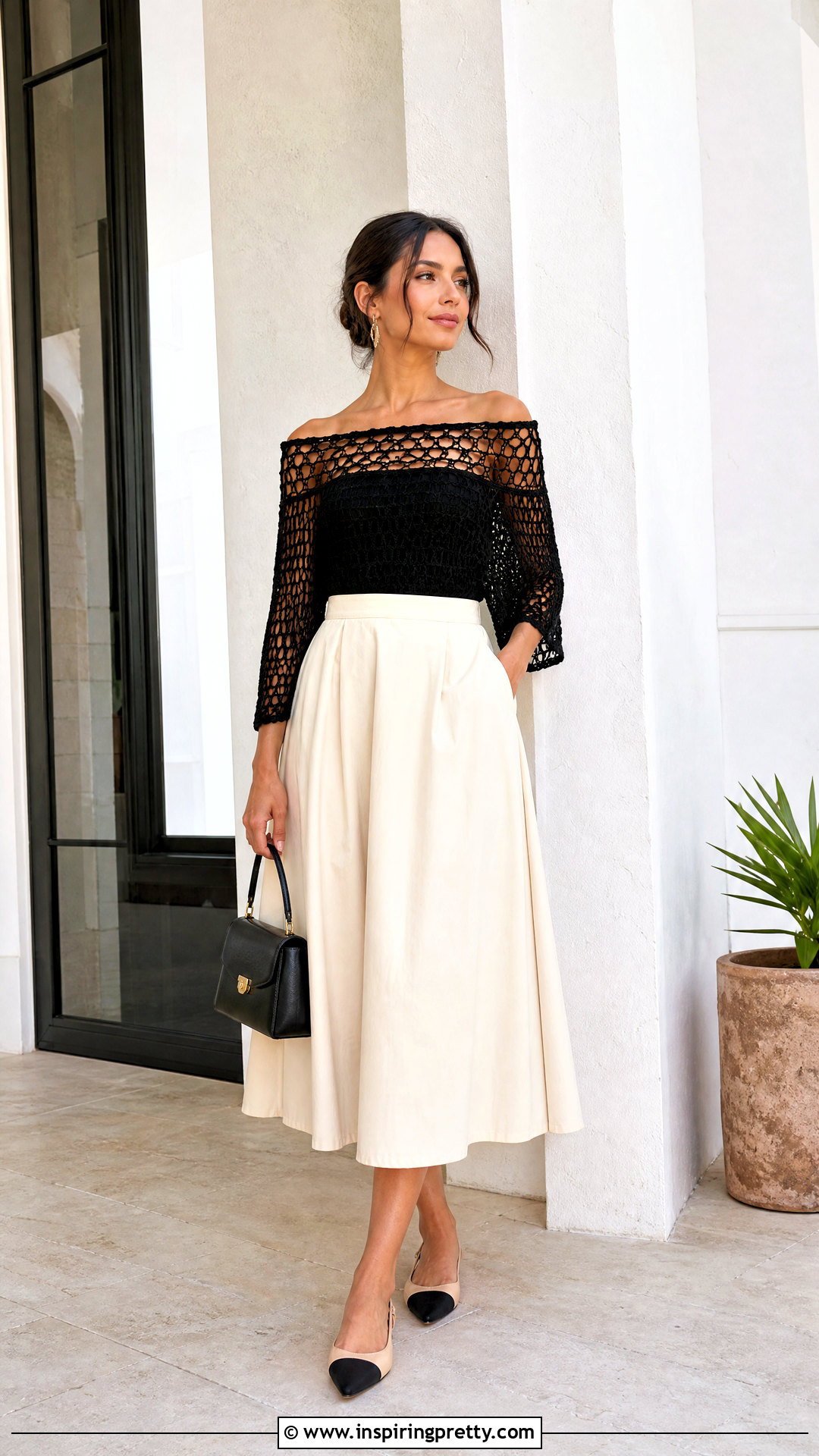 Off Shoulder Mesh Crochet Top With A Line Skirt - 50 mesh crochet top outfit ideas