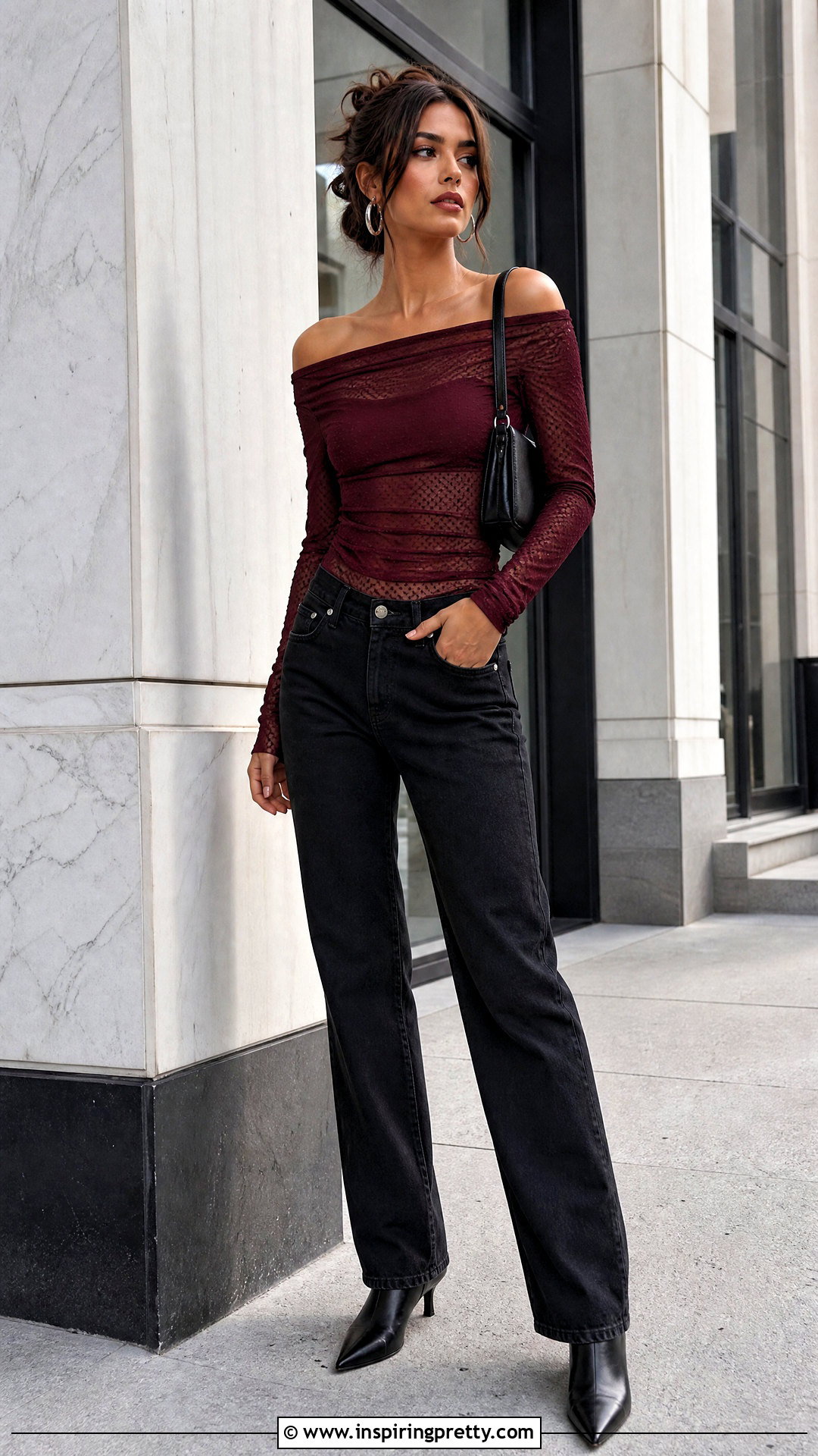 Off Shoulder Mesh Top With Black Jeans - 50 offshoulder outfit tops outfit ideas