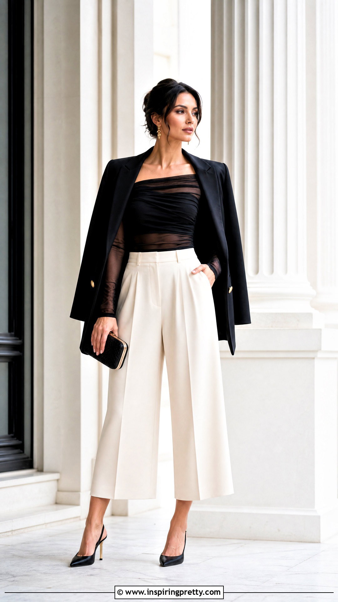 Off Shoulder Mesh Top With Tailored Culottes - 50 mesh top outfit classy ideas