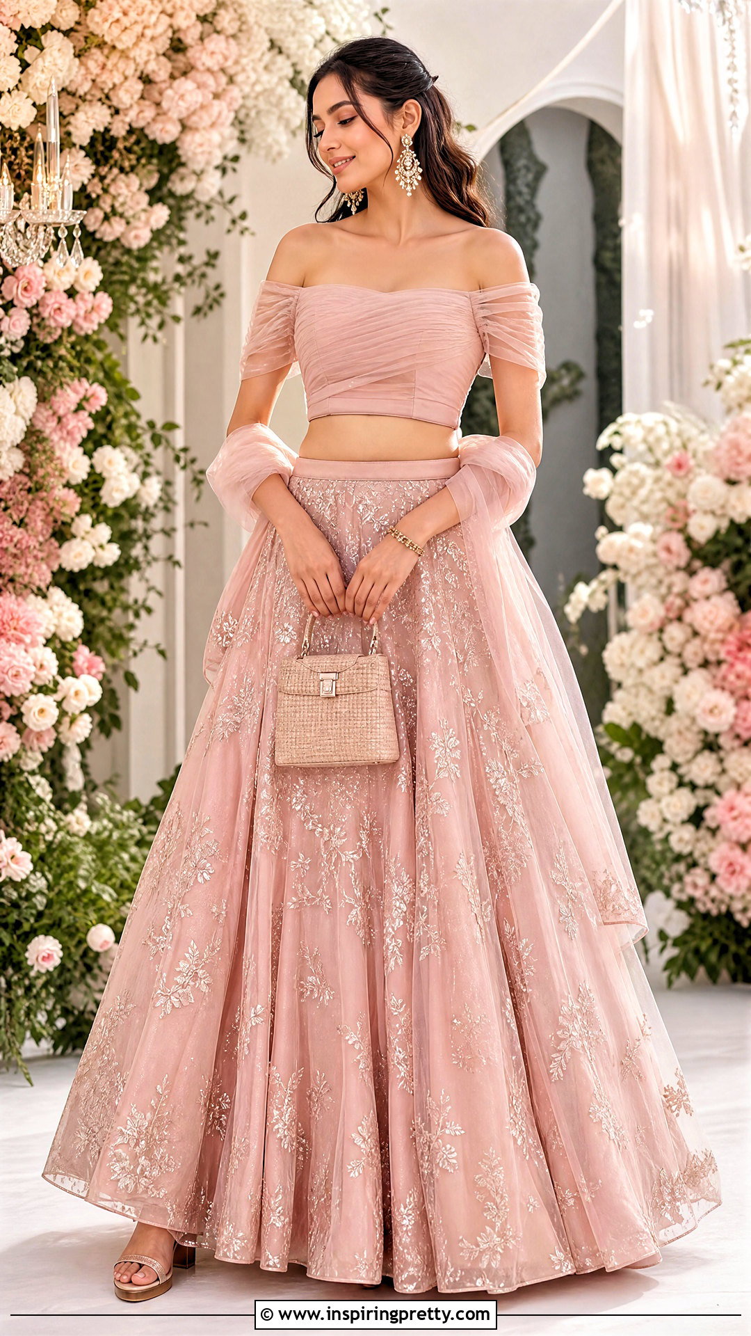 Off Shoulder Organza Crop Top Lehenga Outfit - 50 organza crop top lehenga outfit ideas