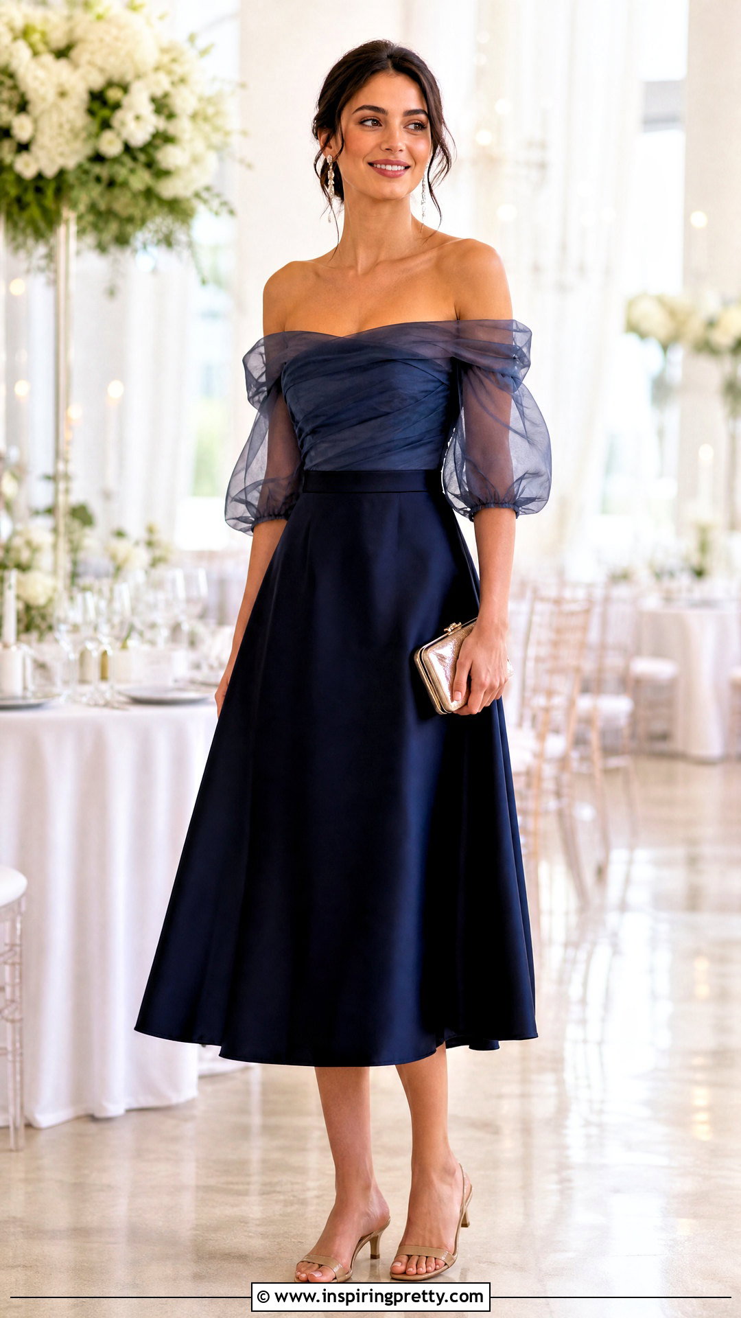 Off Shoulder Organza Top With Midi Skirt - 50 organza tops outfit ideas