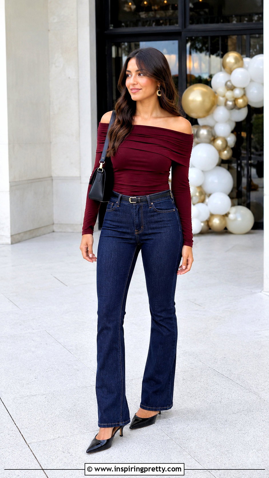 Off Shoulder Party Top With Dark Jeans - 20 Stylish Party Top Inspiration ideas