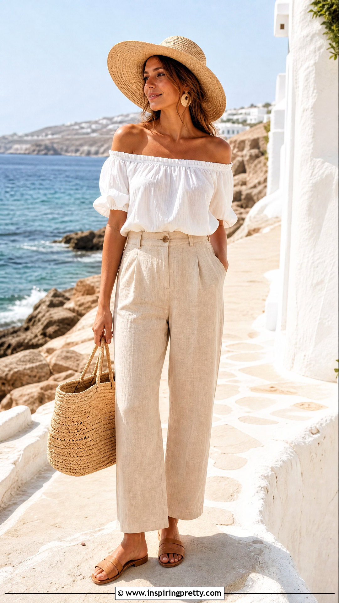Off Shoulder Peasant Top With Linen Pants - 50 peasant top outfit ideas
