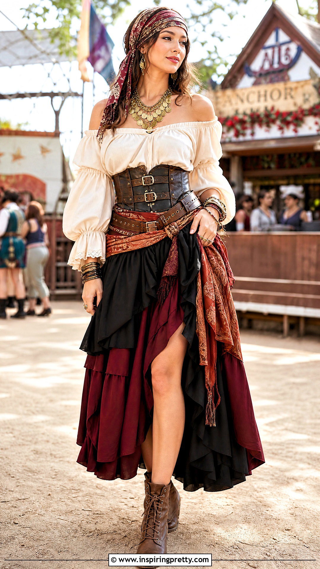 Off Shoulder Pirate Blouse With Layered Maxi Skirt - 25 female pirate top outfit ideas