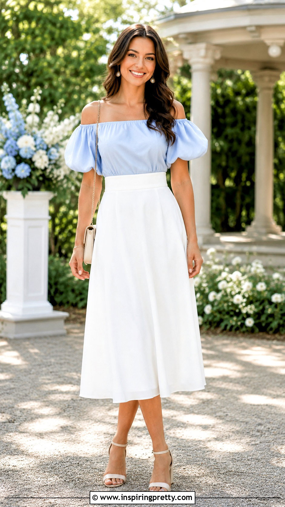 Off Shoulder Puffy Sleeve Top With A Line Skirt - 50 puffy sleeve top outfit ideas