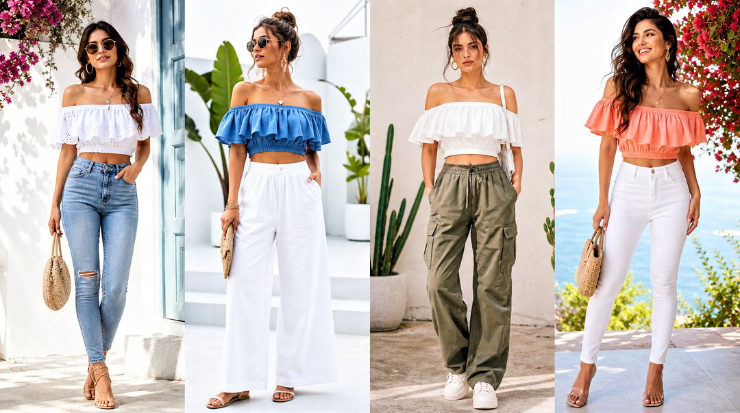 25 Off Shoulder Ruffle Crop Top Outfit Ideas for Summer