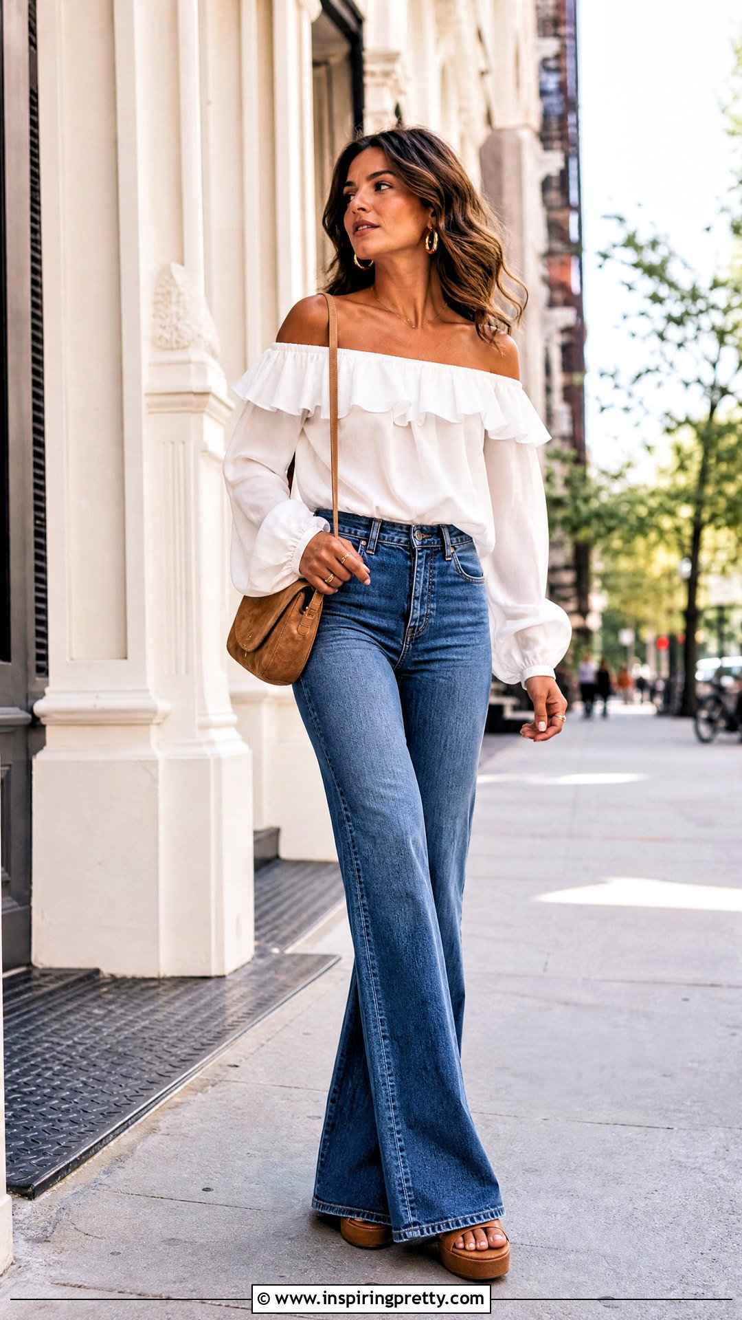 Off Shoulder Ruffle Top With Flared Jeans - 50 offshoulder outfit tops outfit ideas