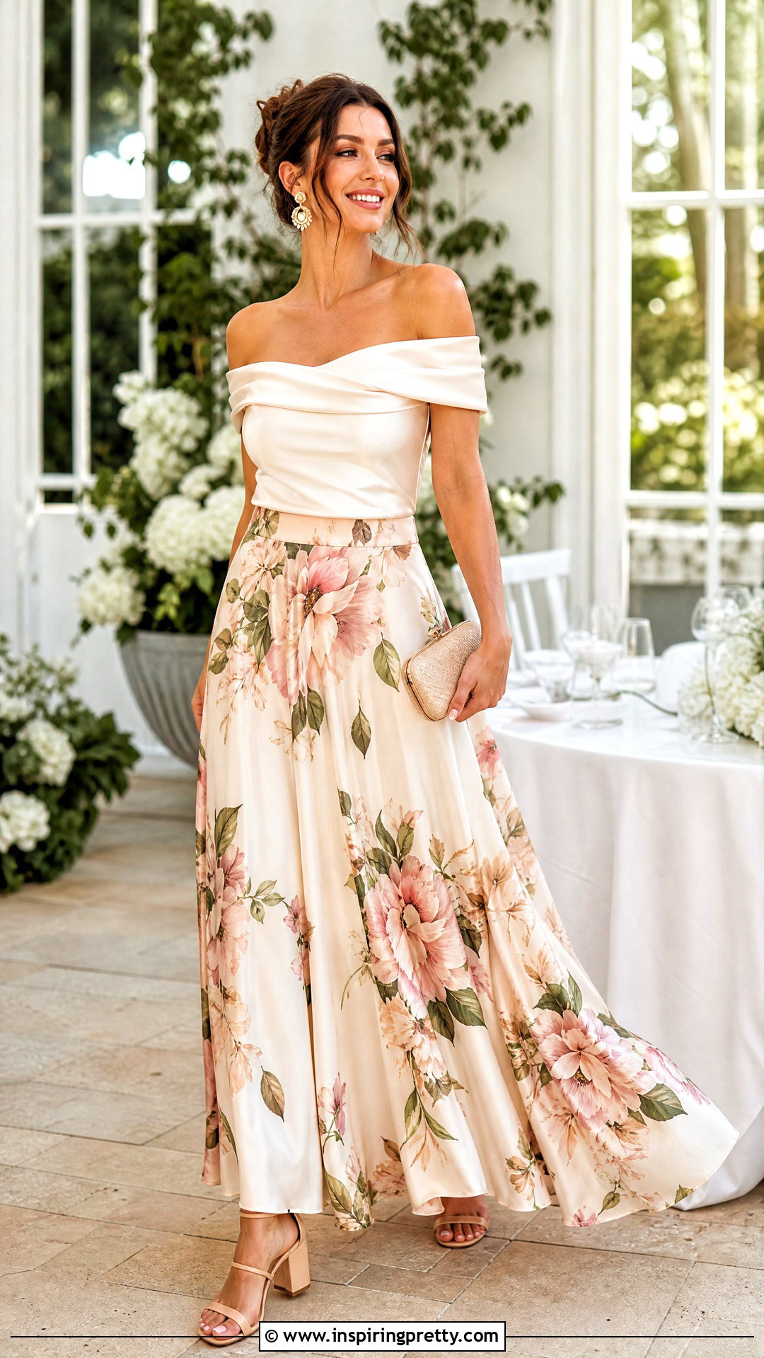 Off Shoulder Satin Top With Maxi Skirt - 50 satin top outfit ideas