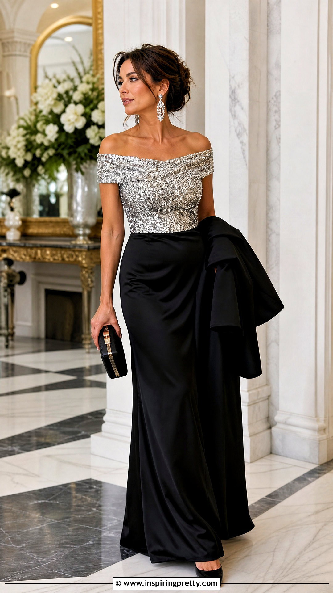 Off Shoulder Sequin Top With Maxi Skirt - 20 festive sequin top inspirations