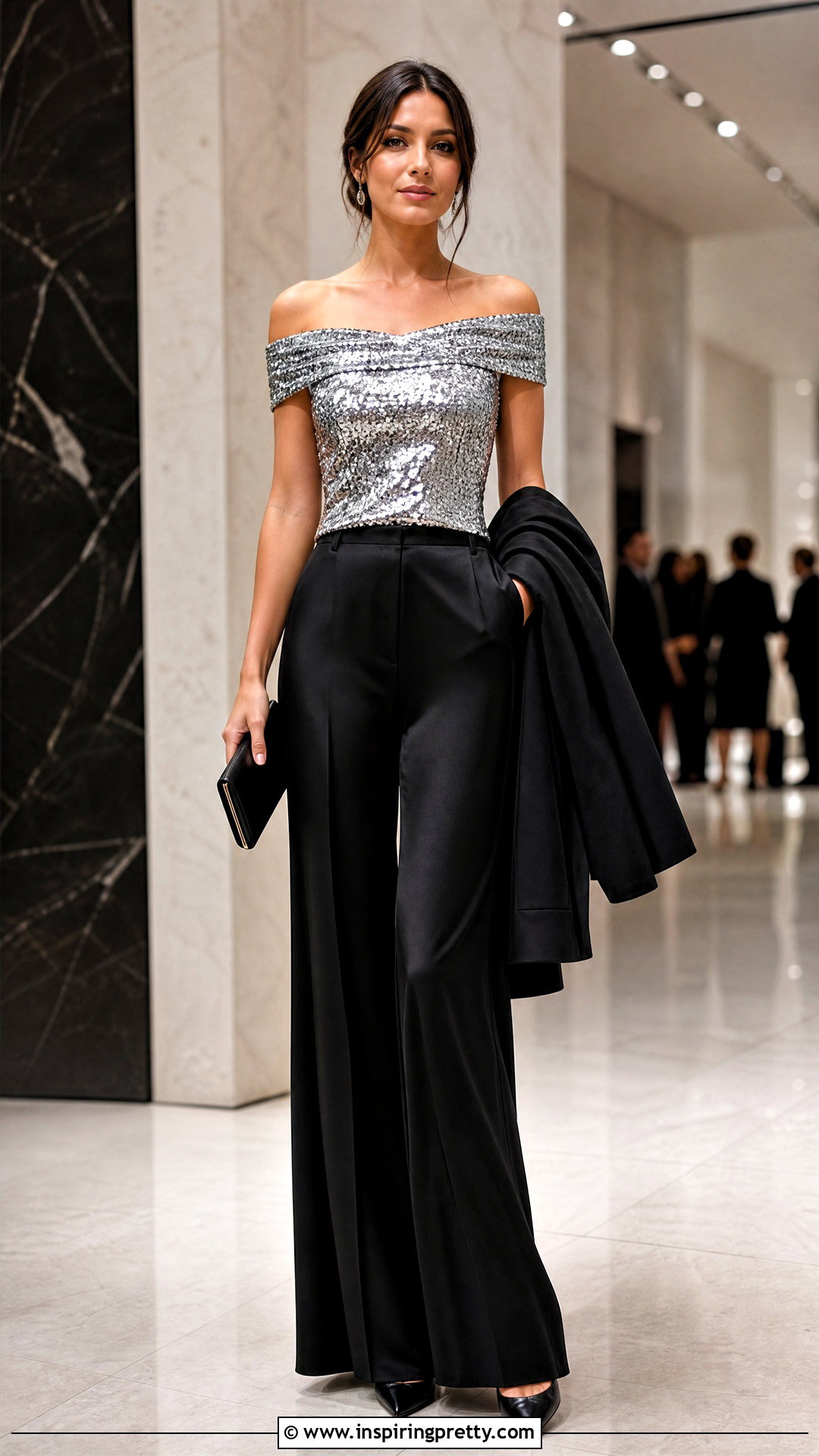 Off Shoulder Sequin Top With Satin Pants - 50 Sequin Top outfit ideas