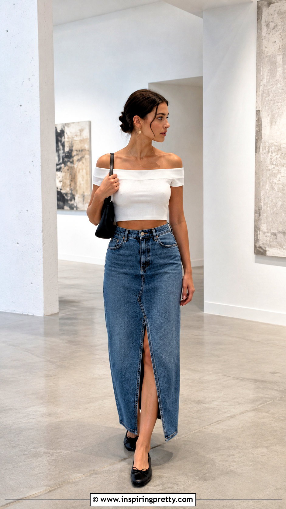 Off Shoulder Short Crop Top With Denim Maxi Skirt - 50 short crop tops outfit ideas