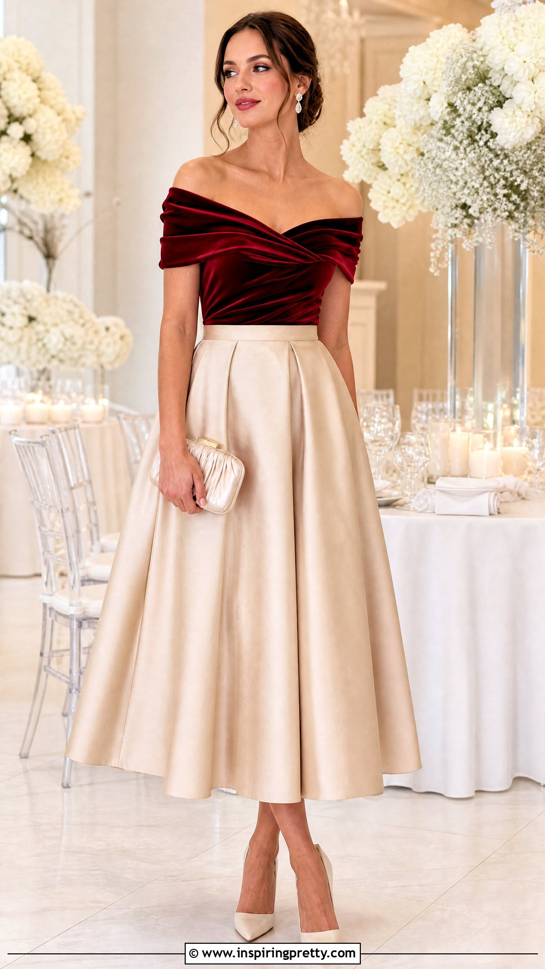 Off Shoulder Silk Velvet Top With Full Midi Skirt - 25 silk velvet top outfit ideas