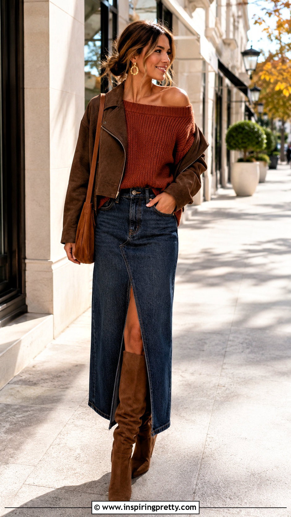 Off Shoulder Sweater With Denim Maxi Skirt - 20 Off-Shoulder Top Fall Fashion outfit ideas