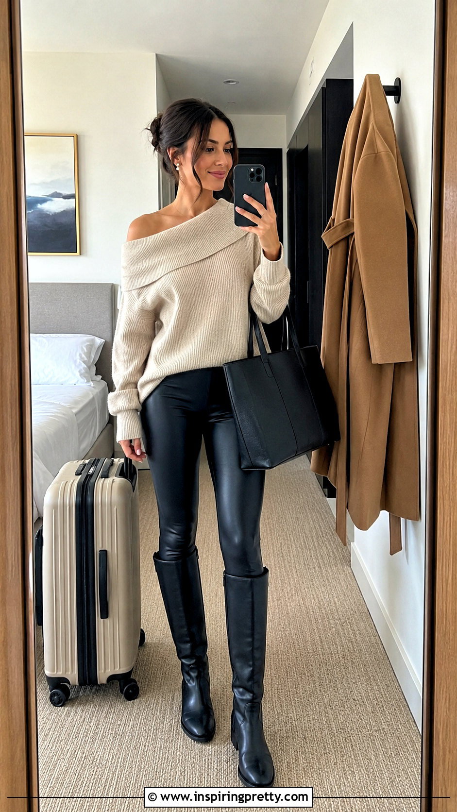 Off Shoulder Sweater With Faux Leather Leggings - 20 Off-Shoulder Top Fall Fashion outfit ideas