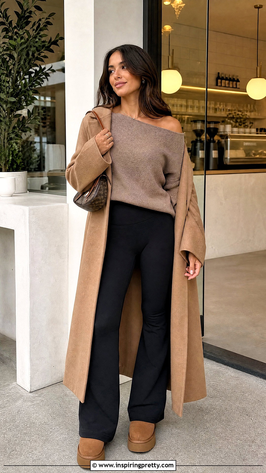 Off Shoulder Sweater With Flared Leggings And UGG Boots - 20 ugg tops outfit ideas