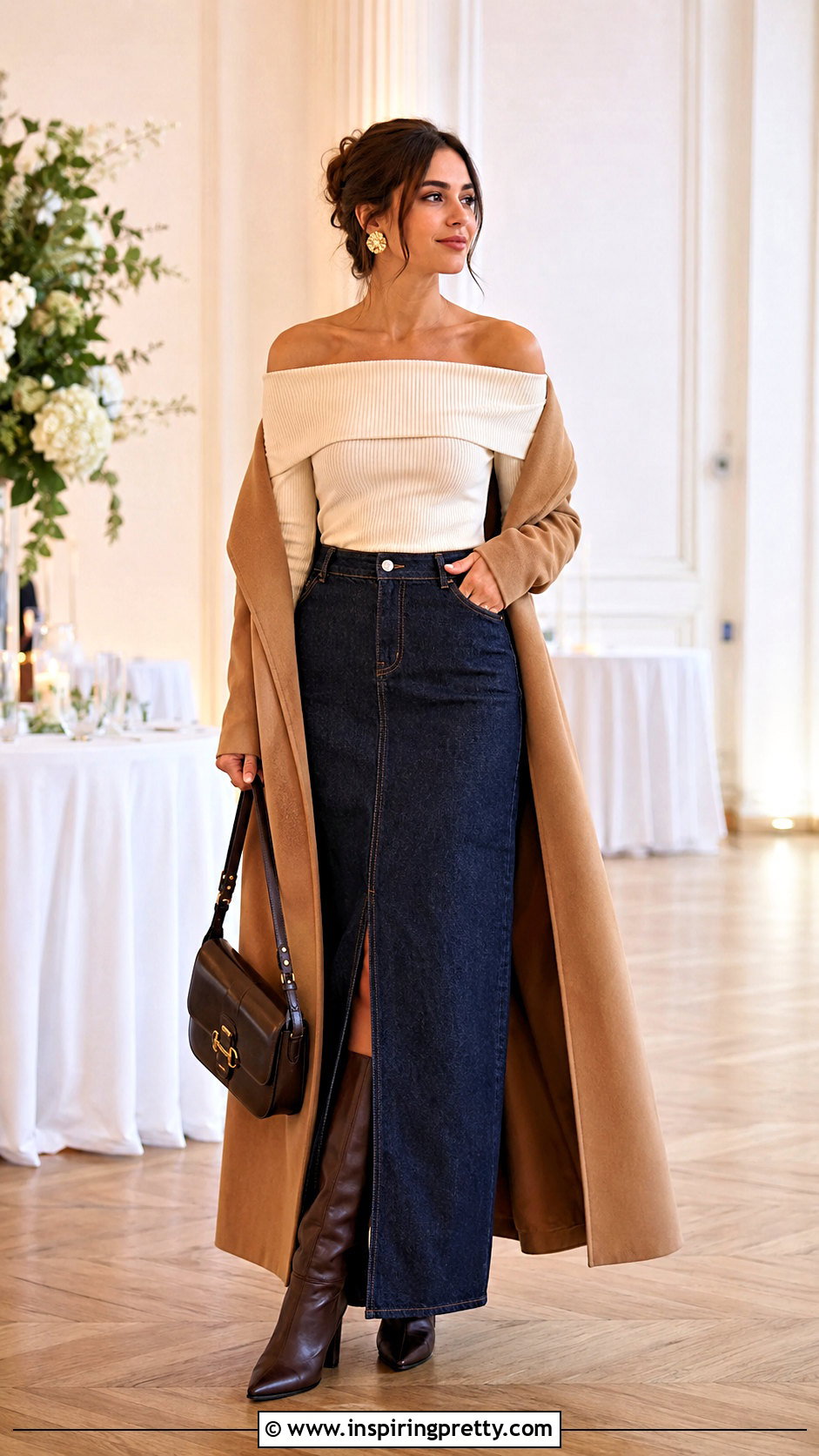 Off Shoulder Sweater With Maxi Skirt - 20 Stylish Tops For Fall Outfits