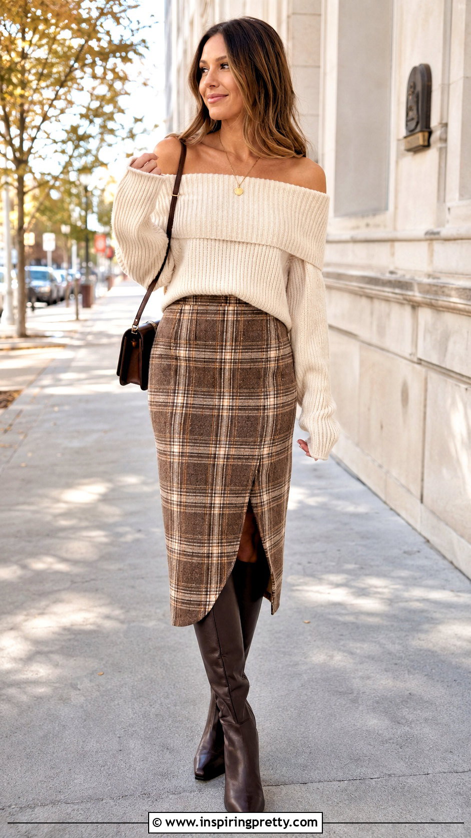 Off Shoulder Sweater With Plaid Skirt and Tall Boots - 20 tops to wear with plaid skirts