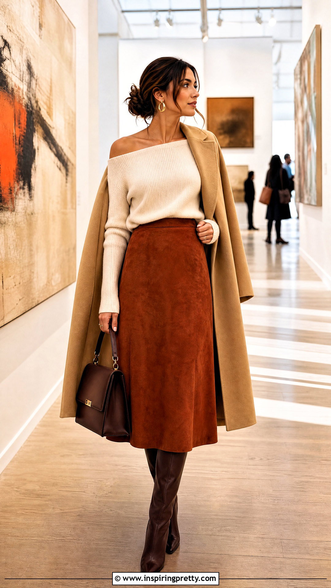 Off Shoulder Sweater With Suede Midi Skirt - 50 off shoulder top with skirt outfit ideas