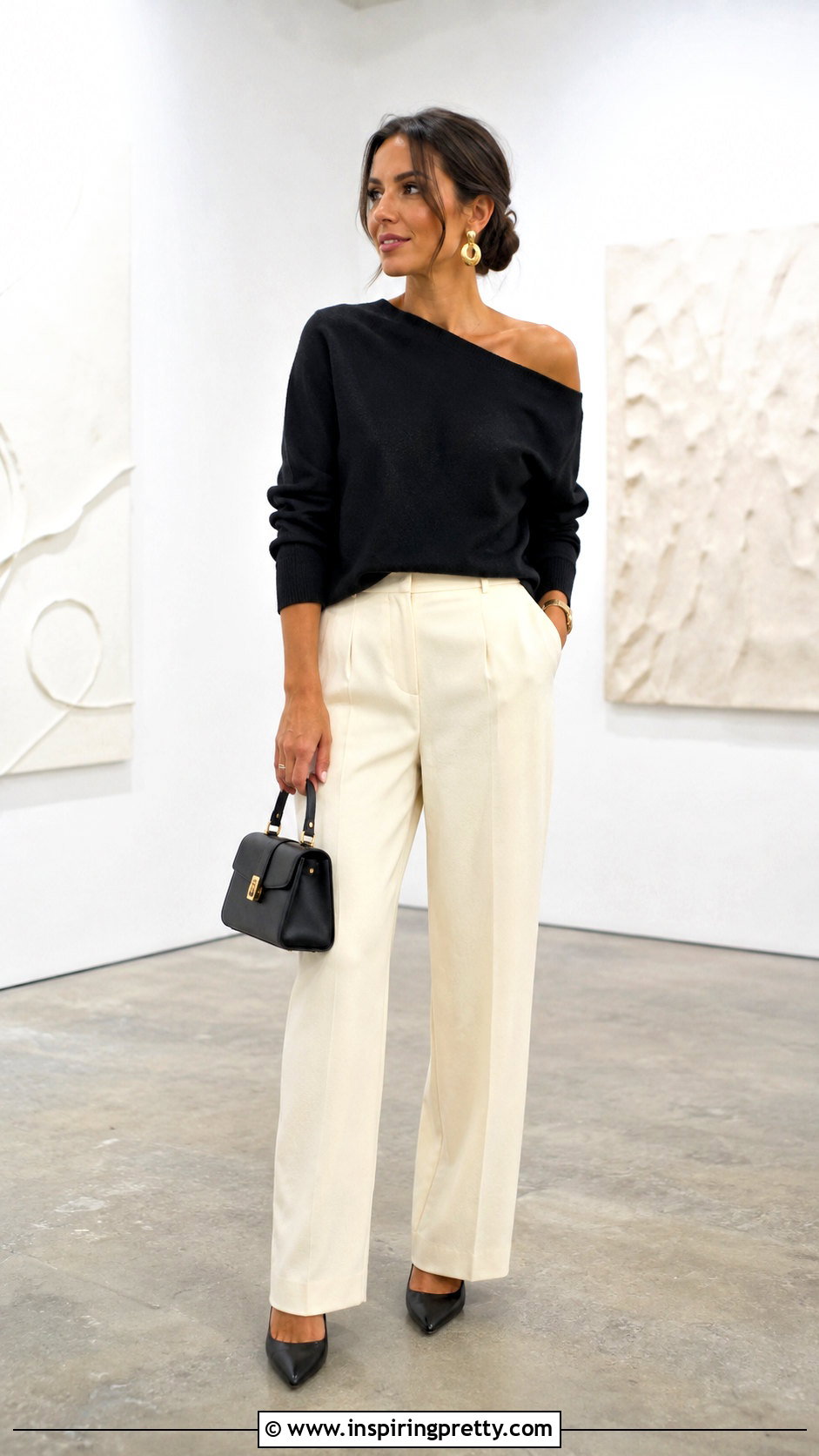 Off Shoulder Sweater With Tailored Pants - 20 sweater tops for ladies