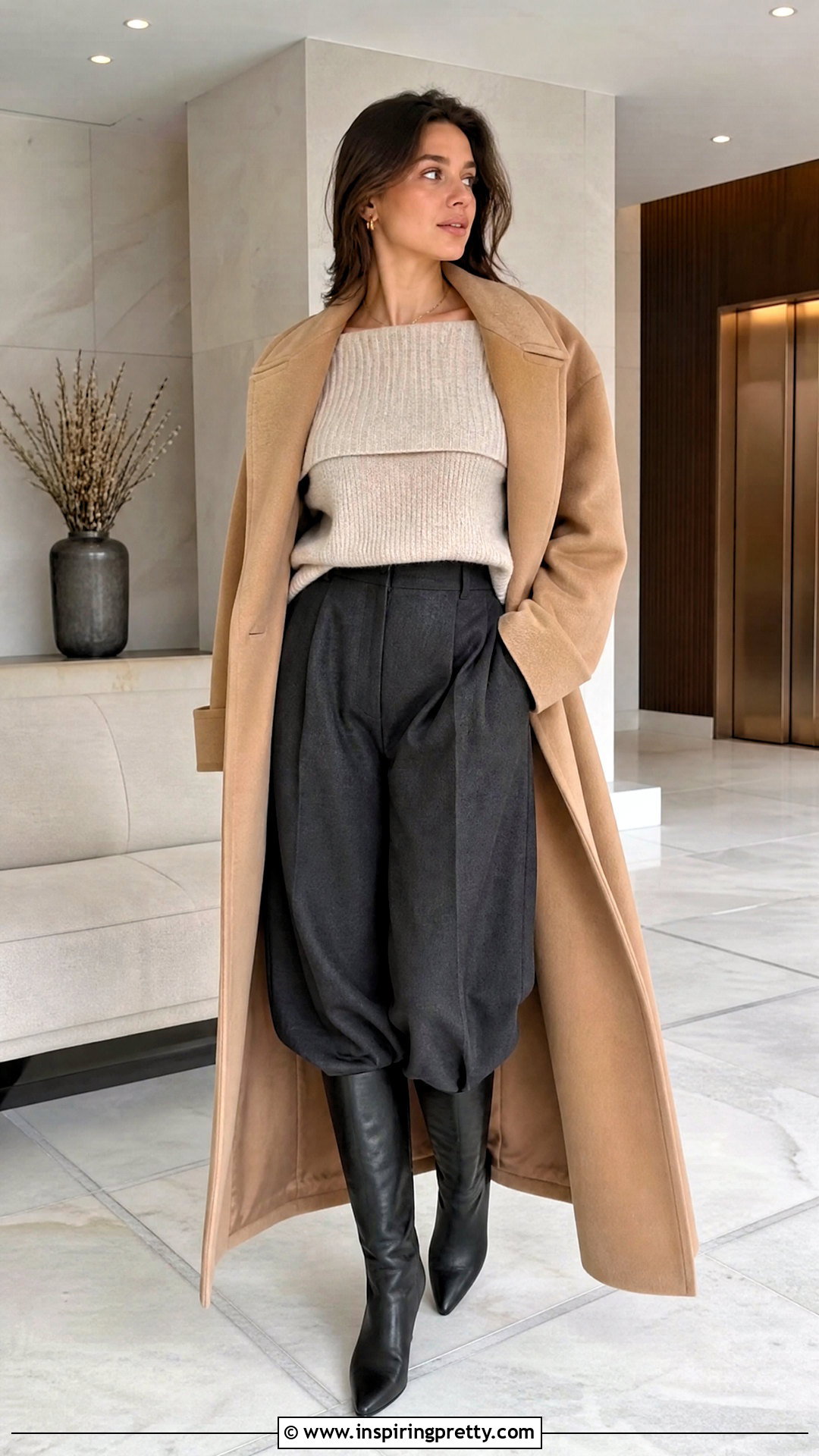 Off Shoulder Sweater With Wool Coat - 50 Off Shoulder Tops outfit ideas