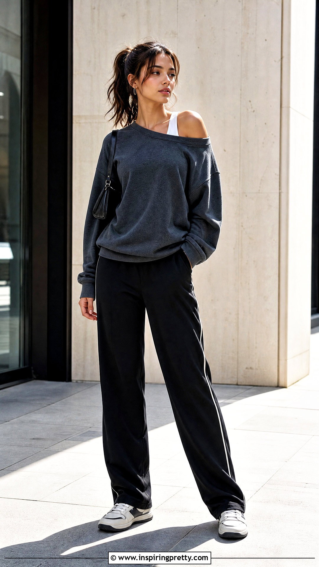 Off Shoulder Sweatshirt And Track Pants Streetwear Outfit - 50 streetwear tops outfit ideas
