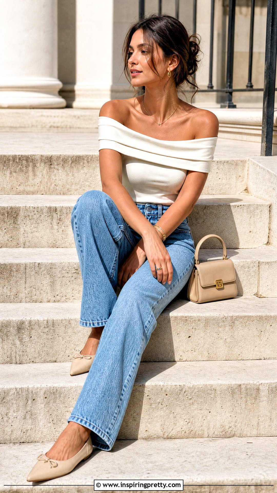 Off Shoulder Top And High Waisted Jeans Stair Pose - 50 Poses In Jeans Top Aesthetic Ideas