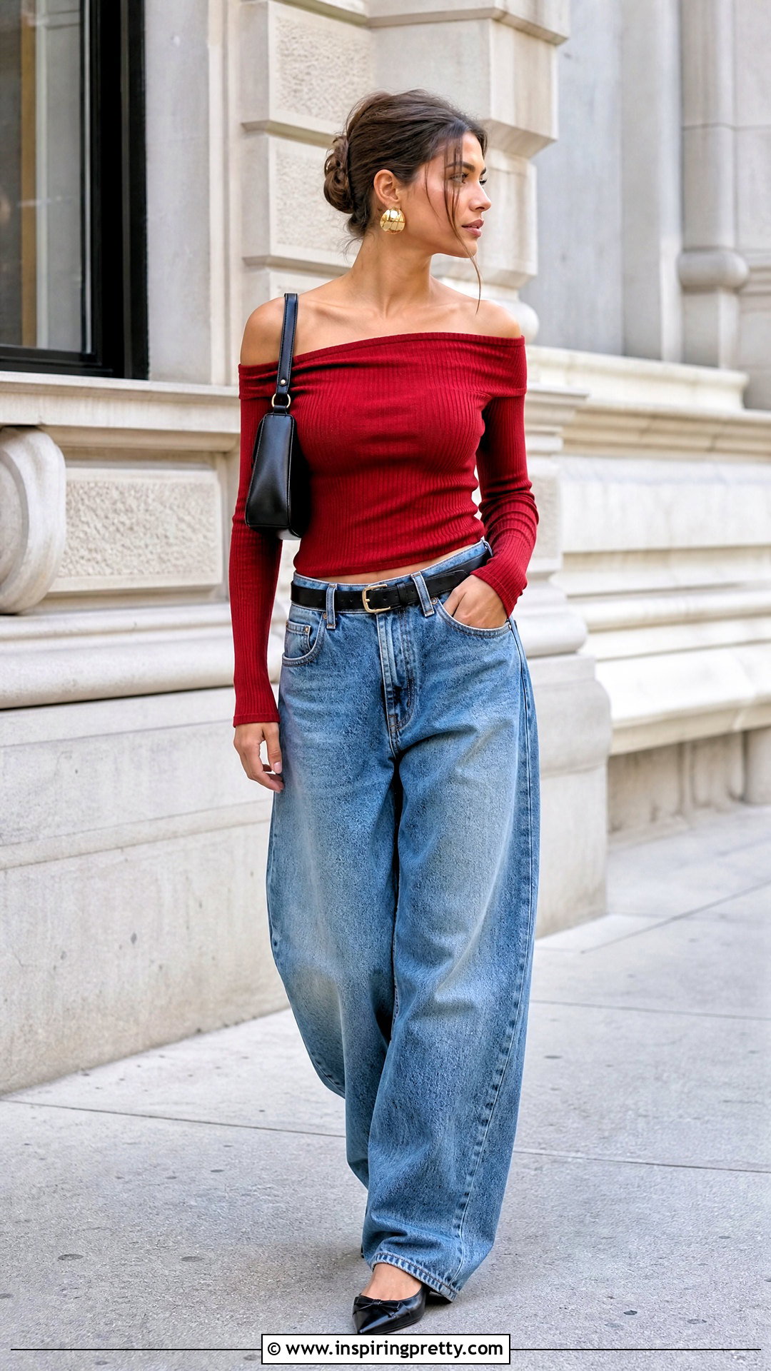 Off Shoulder Top With Baggy Denim Outfit - 20 tight top baggy pants outfit ideas