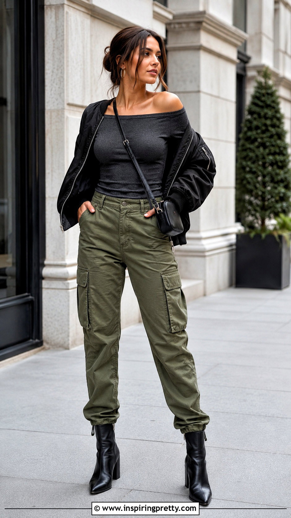 Off Shoulder Top With Cargo Pants - 20 Off-Shoulder Top Fall Fashion outfit ideas