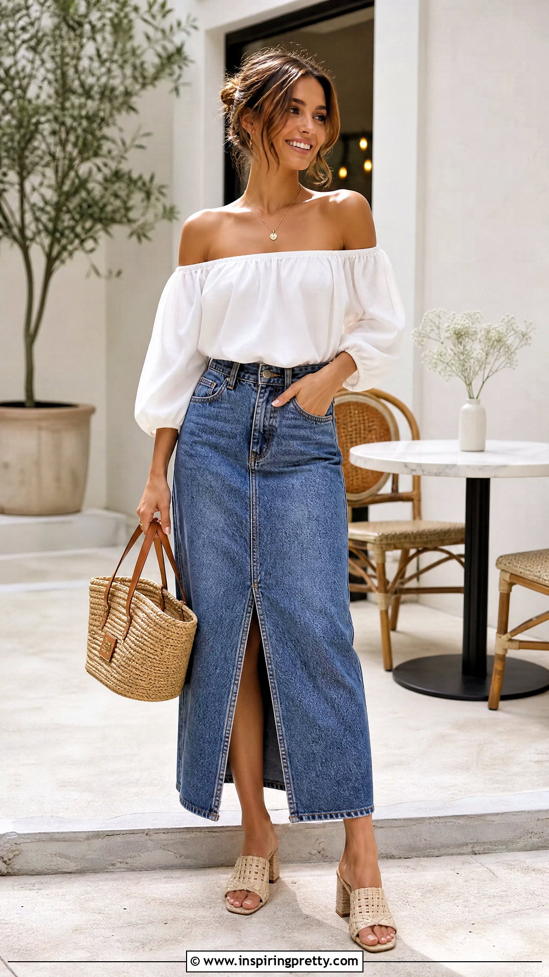 Off Shoulder Top With Denim Midi Skirt - 50 summer top outfit ideas