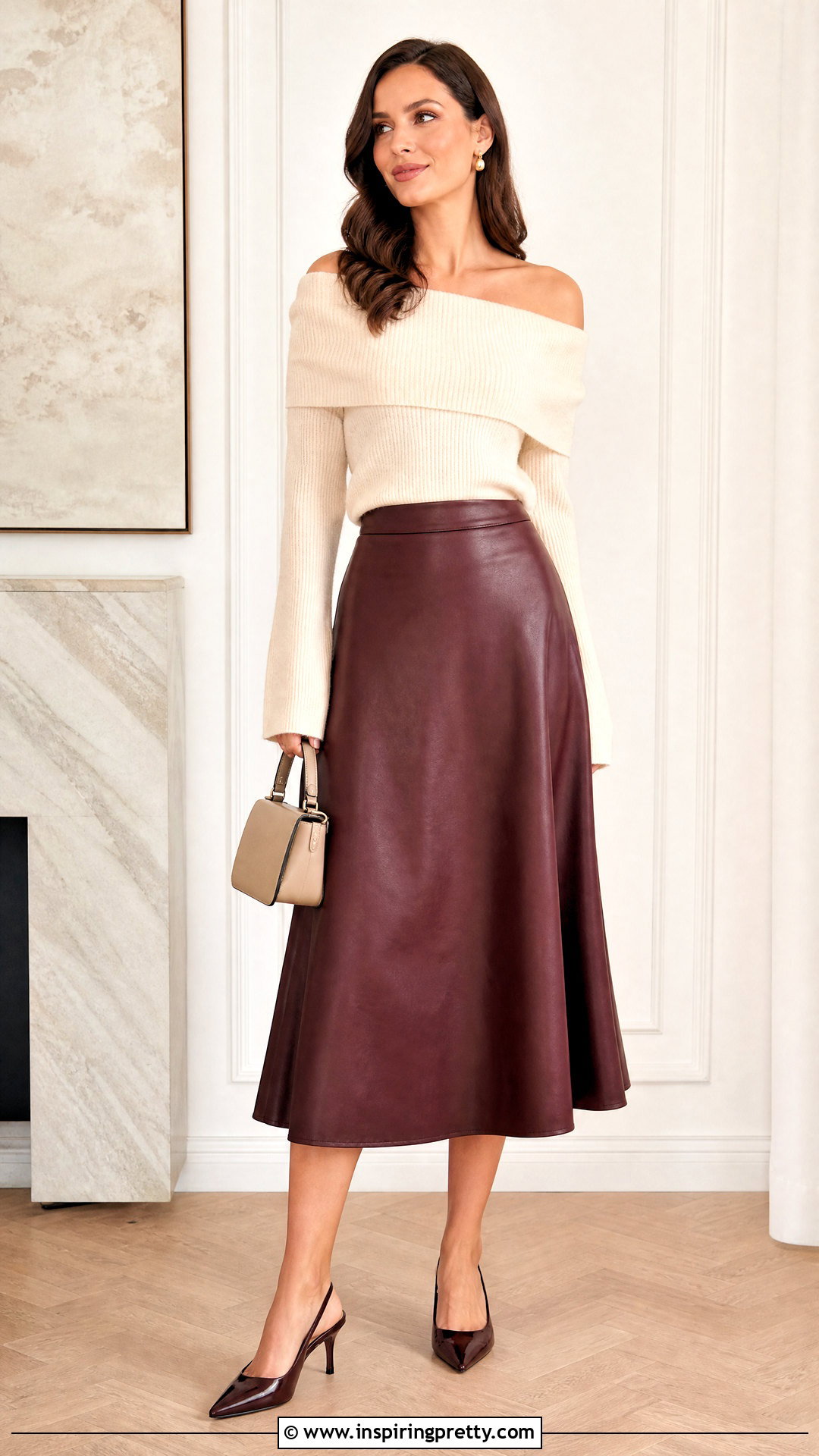 Off Shoulder Top With Faux Leather Skirt - 50 shoulder off top outfits