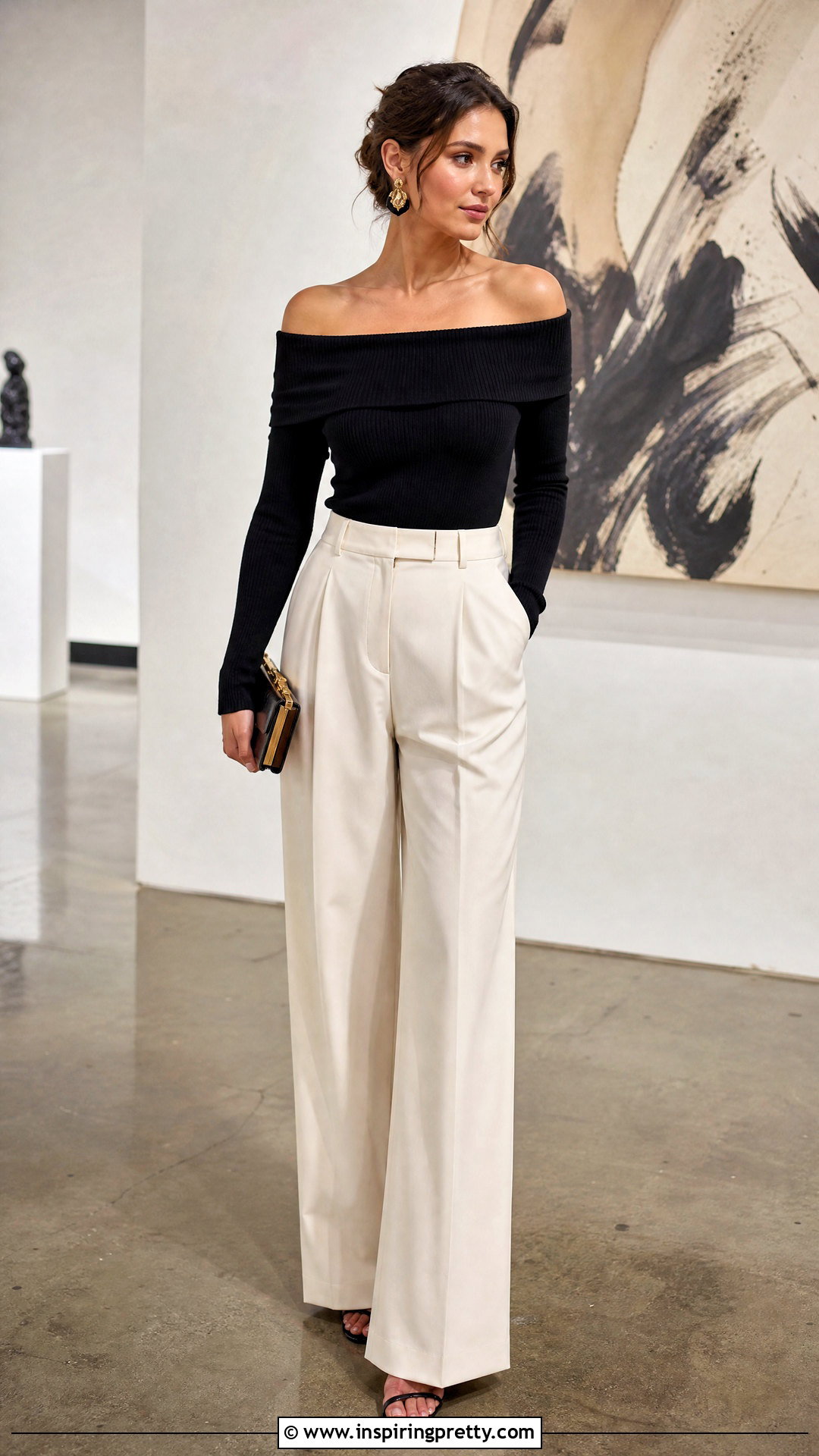 Off Shoulder Top With High Waisted Wide Leg Pants - 20 Tops To Wear With High Waisted Wide Leg Pants
