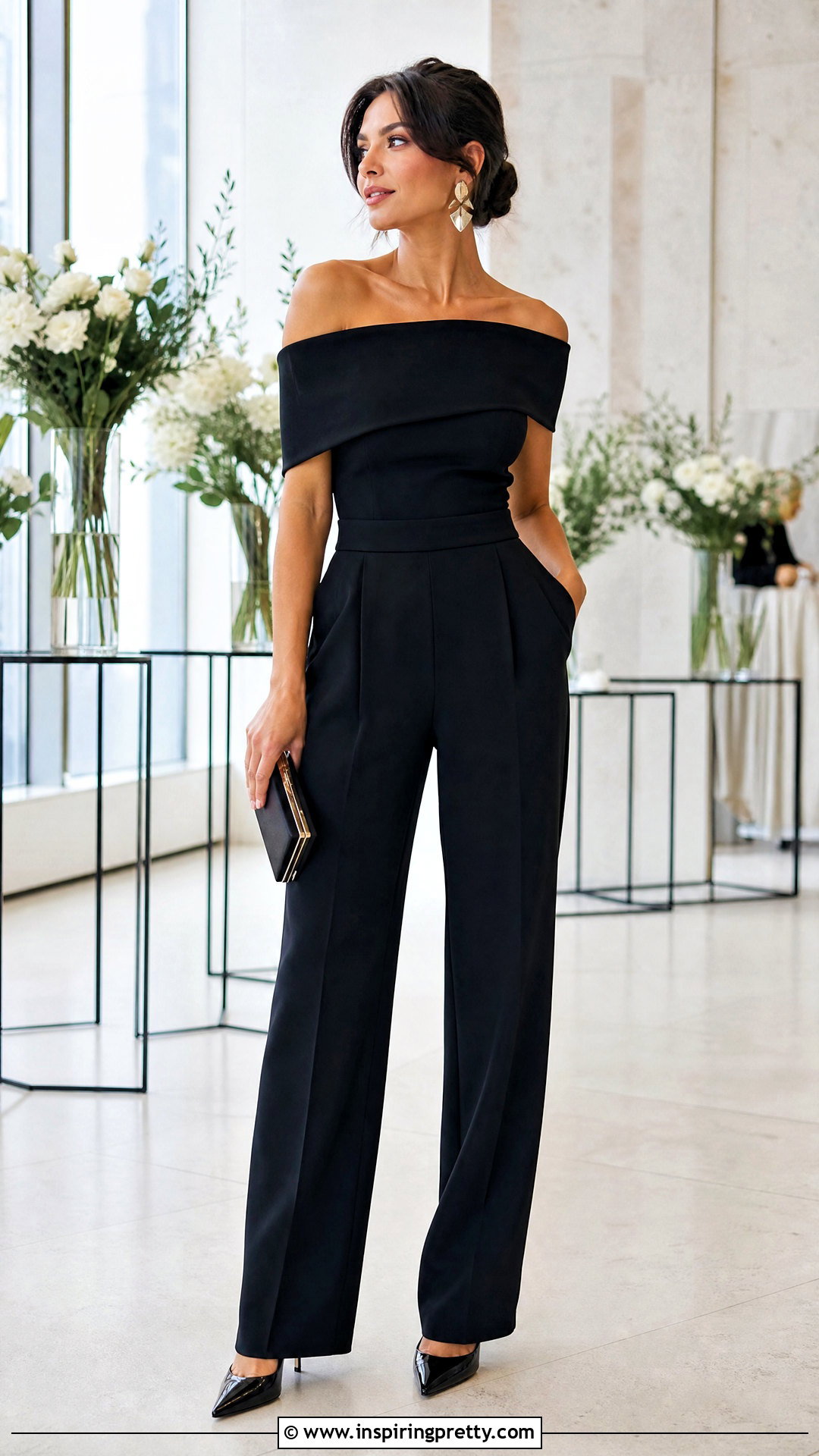 Off Shoulder Top With Tailored Pants - 50 classy tops outfit ideas