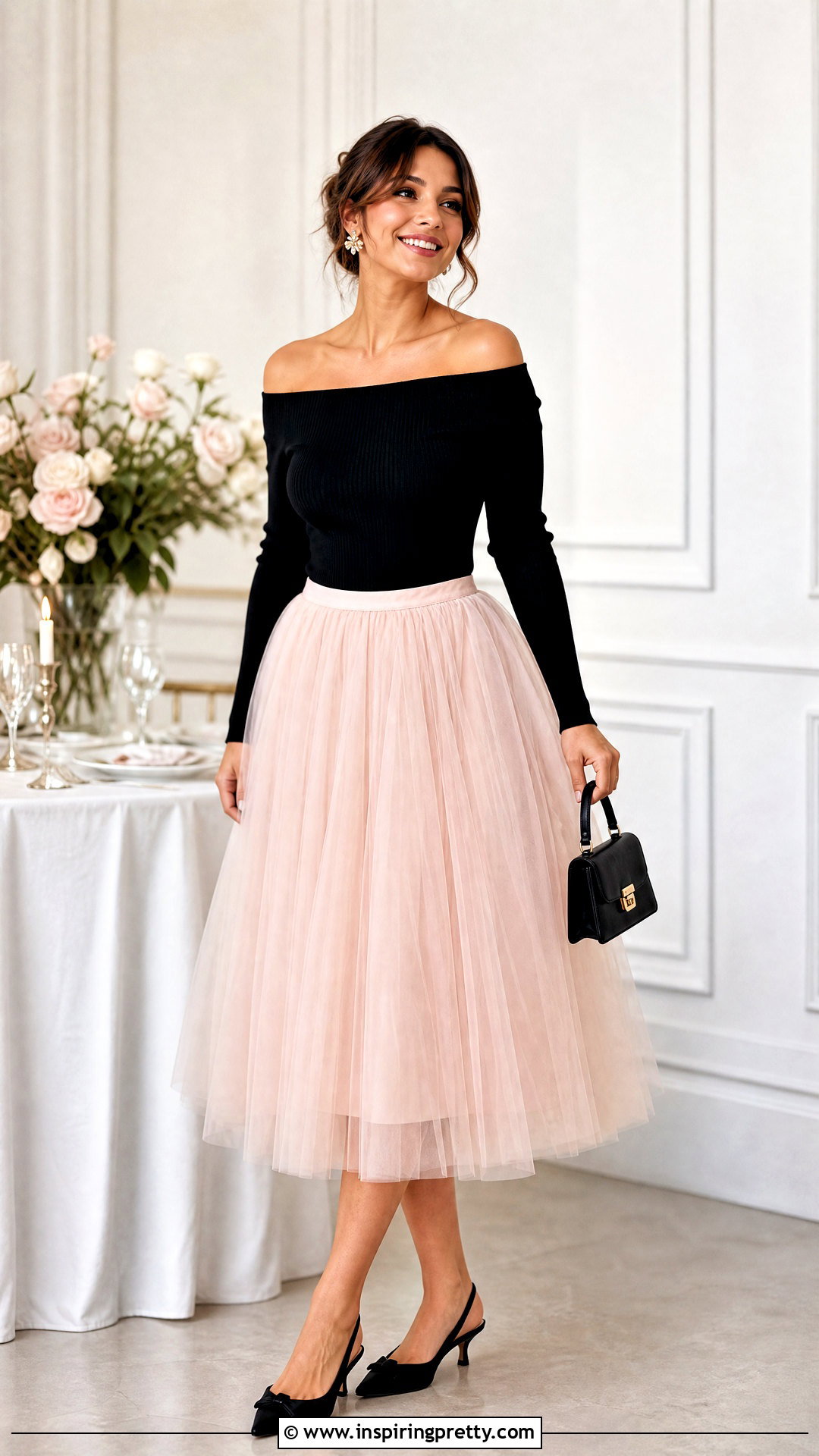Off Shoulder Top With Tulle Midi Skirt - 50 shoulder off top outfits