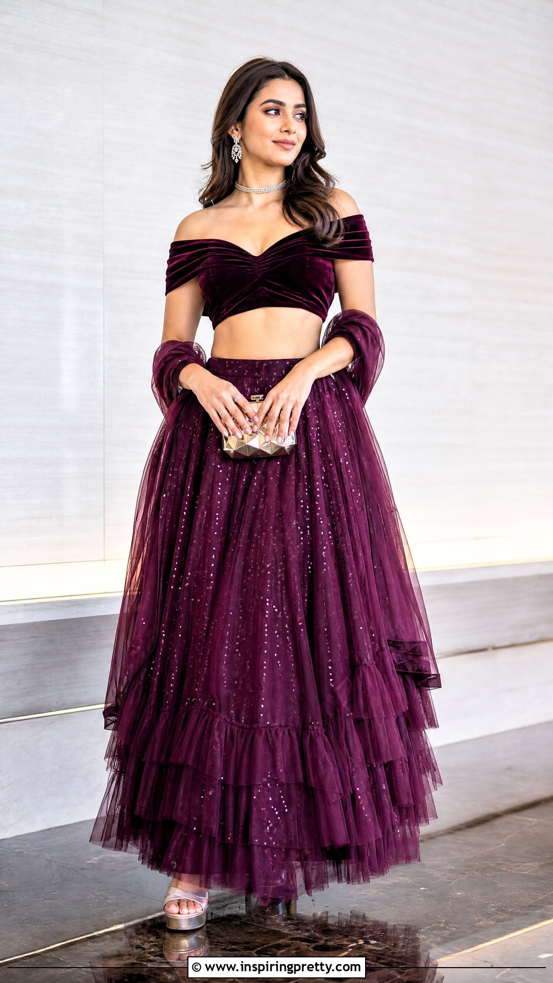 Off Shoulder Velvet Crop Top With Layered Lehenga - 50 velvet crop top designs for lehengas