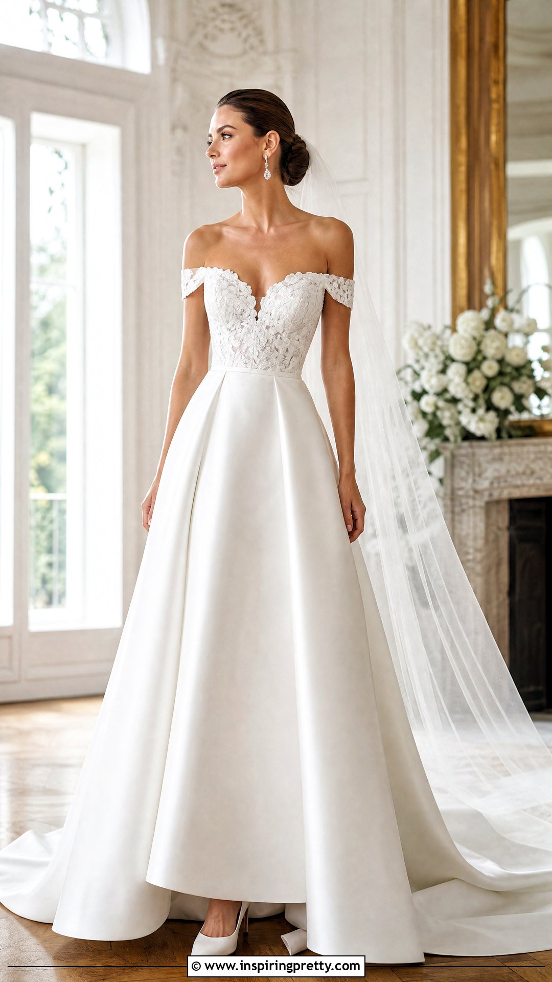 Off Shoulder Wedding Dress With Lace Top And Satin Skirt - 25 Wedding Dresses Lace Top Plain Skirts