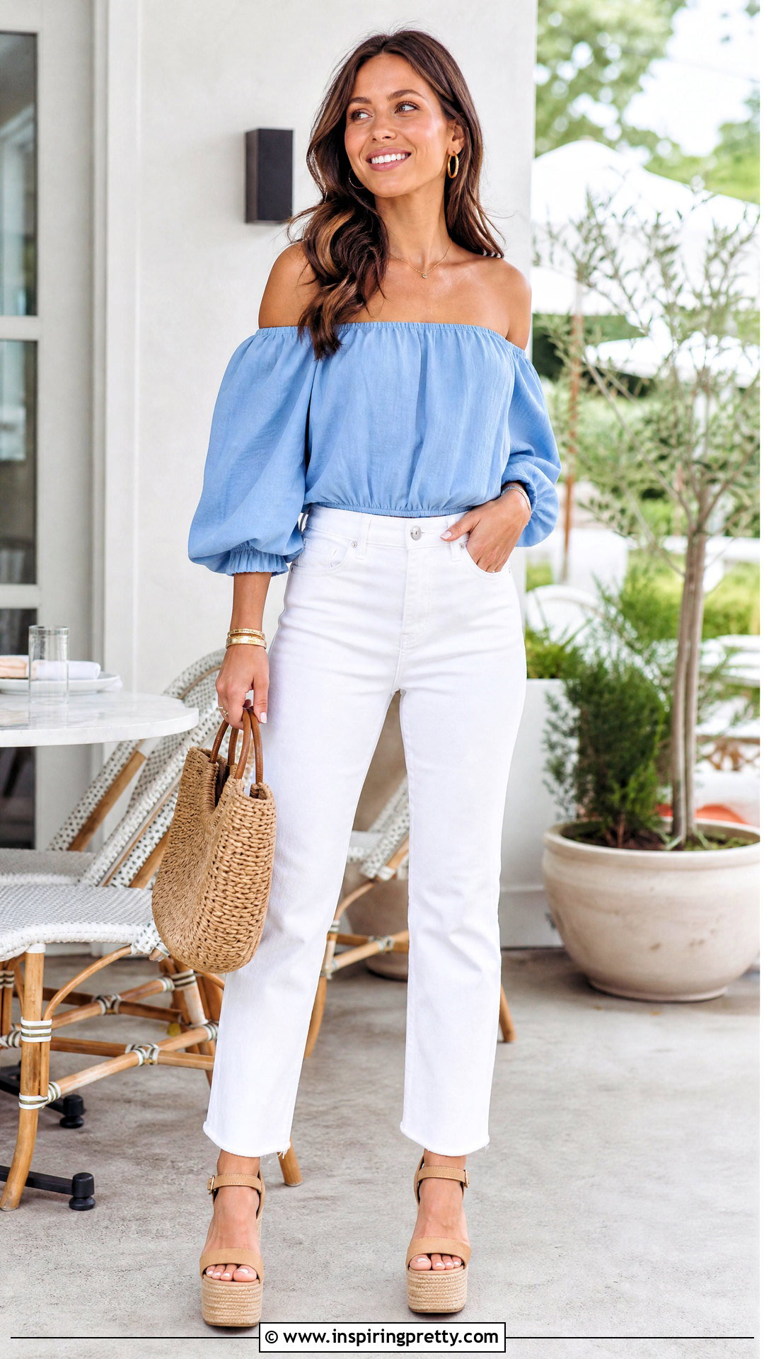 Off the Shoulder Top With White Jeans - 50 cute summer tops outfit ideas
