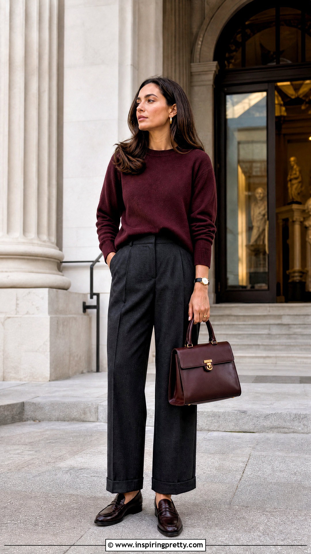Old Money Burgundy Sweater With Gray Trousers - 50 old money top outfit ideas