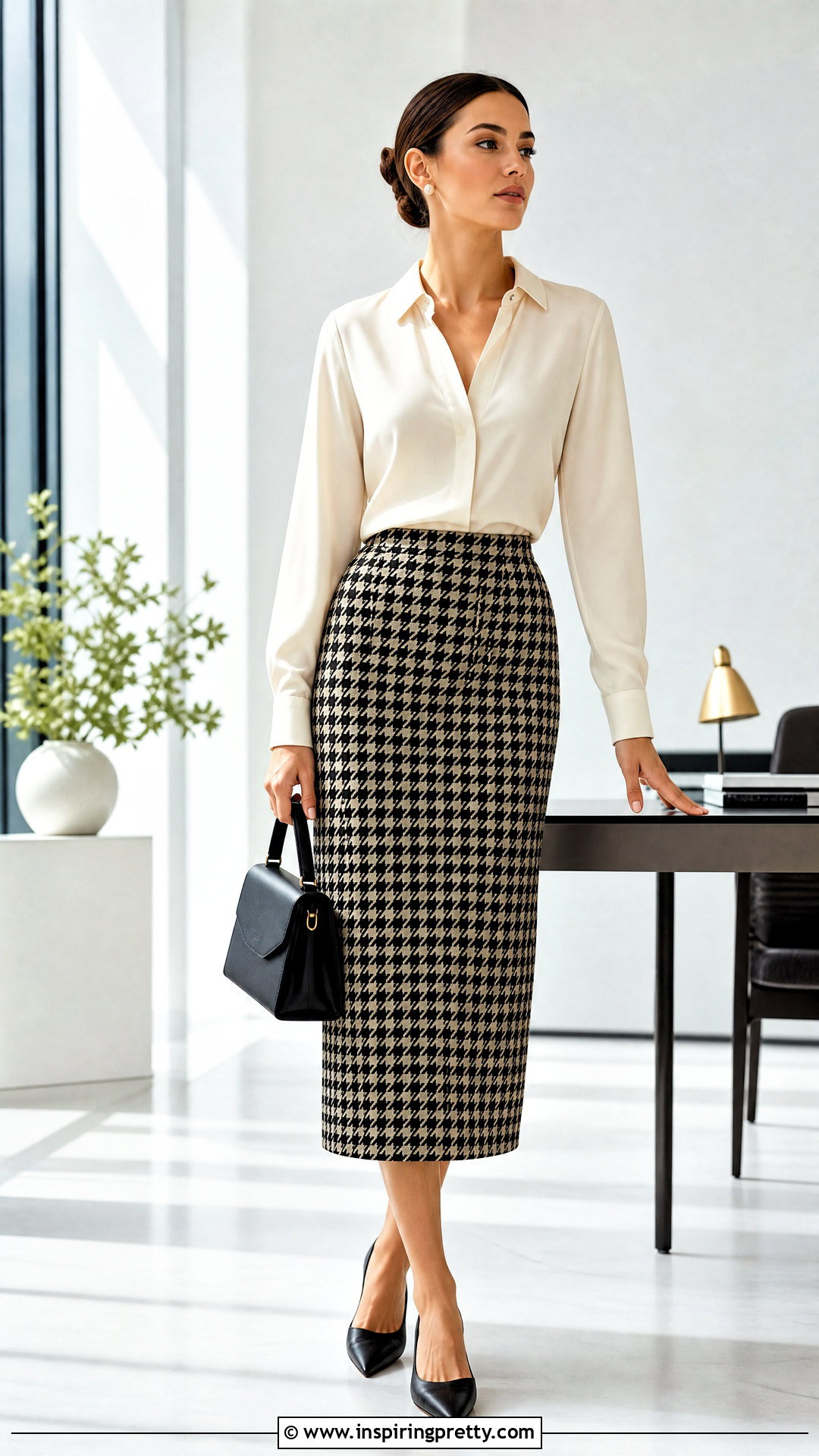 Old Money Ivory Blouse With Houndstooth Skirt - 50 old money top outfit ideas