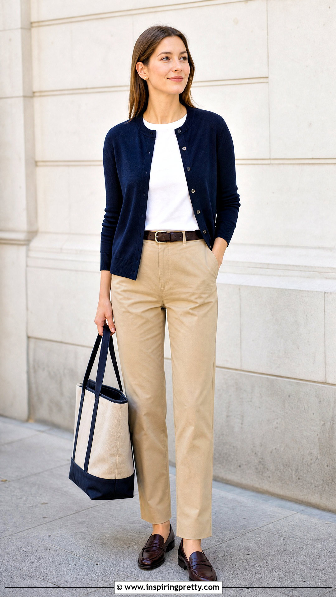 Old Money Navy Cardigan With White Tee And Khakis - 50 old money top outfit ideas