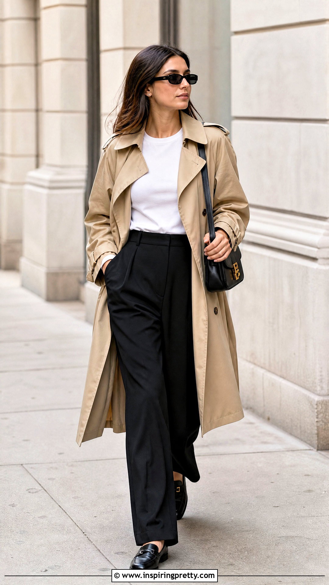 Old Money Trench Coat With White Tee And Black Trousers - 50 old money top outfit ideas