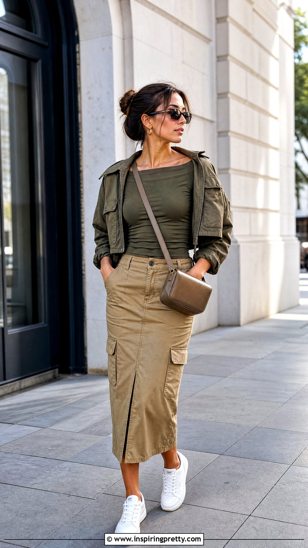 Olive Boat Neck Top With Cargo Midi Skirt - 50 boat neck top outfits