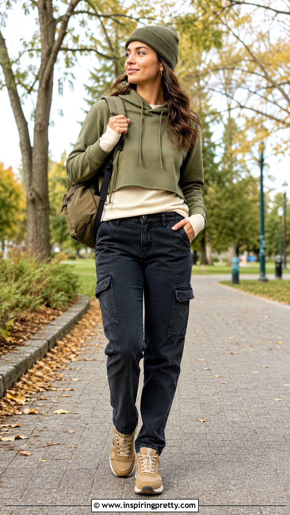 Olive Crop Top Hoodie With Thermal Shirt And Cargo Jeans - 20 crop top hoodie with shirt underneath outfit ideas