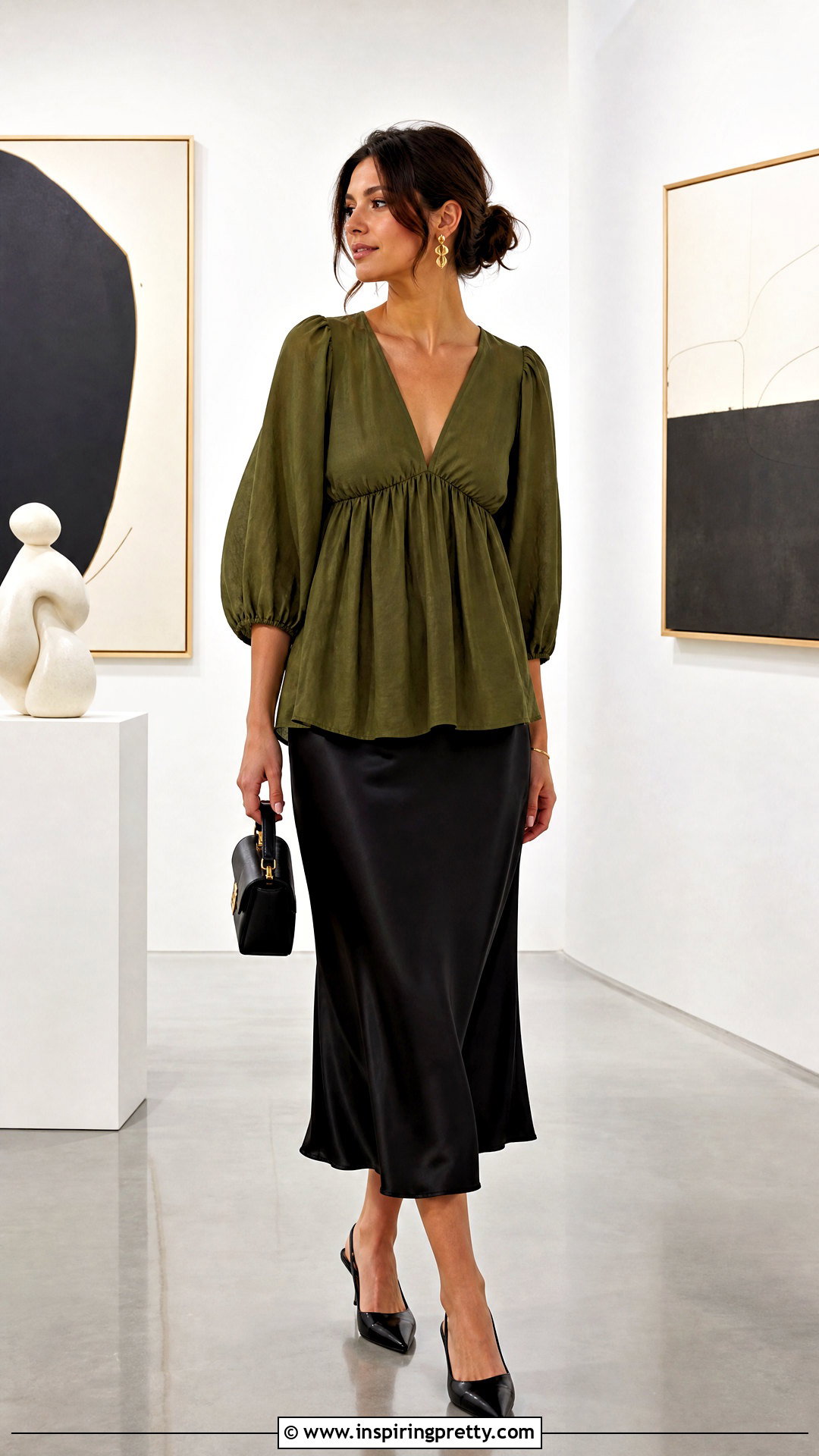 Olive Green Babydoll Top With Black Satin Midi Skirt - 25 Olive Green Babydoll Top outfit ideas