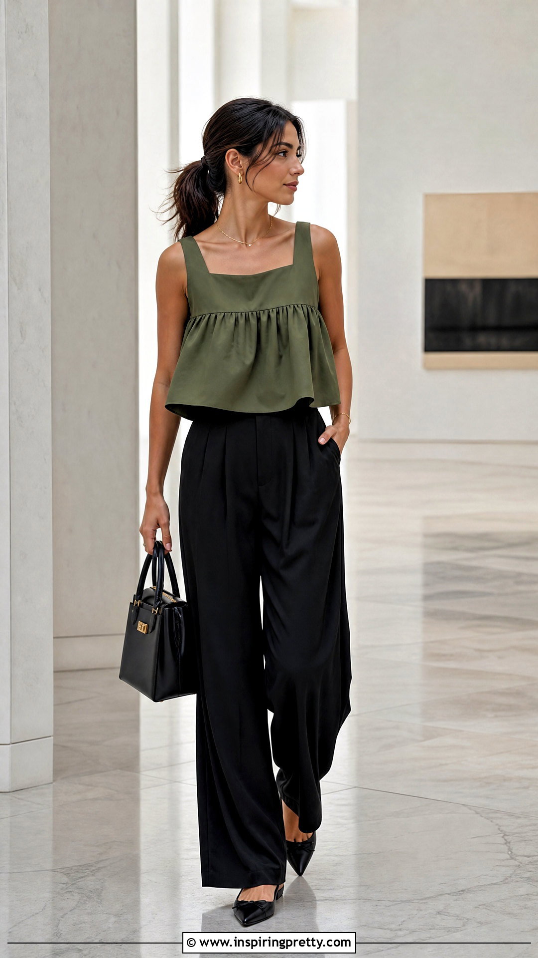 Olive Green Babydoll Top With Black Wide Leg Pants - 25 Olive Green Babydoll Top outfit ideas