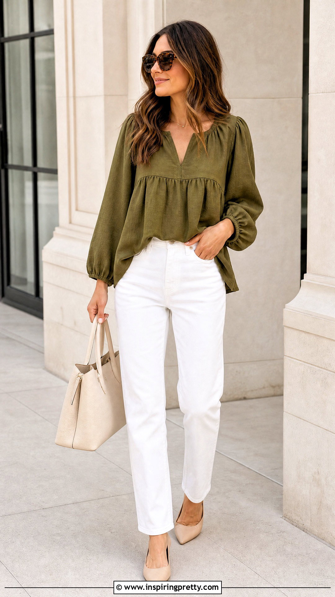 Olive Green Babydoll Top With White Jeans - 25 Olive Green Babydoll Top outfit ideas
