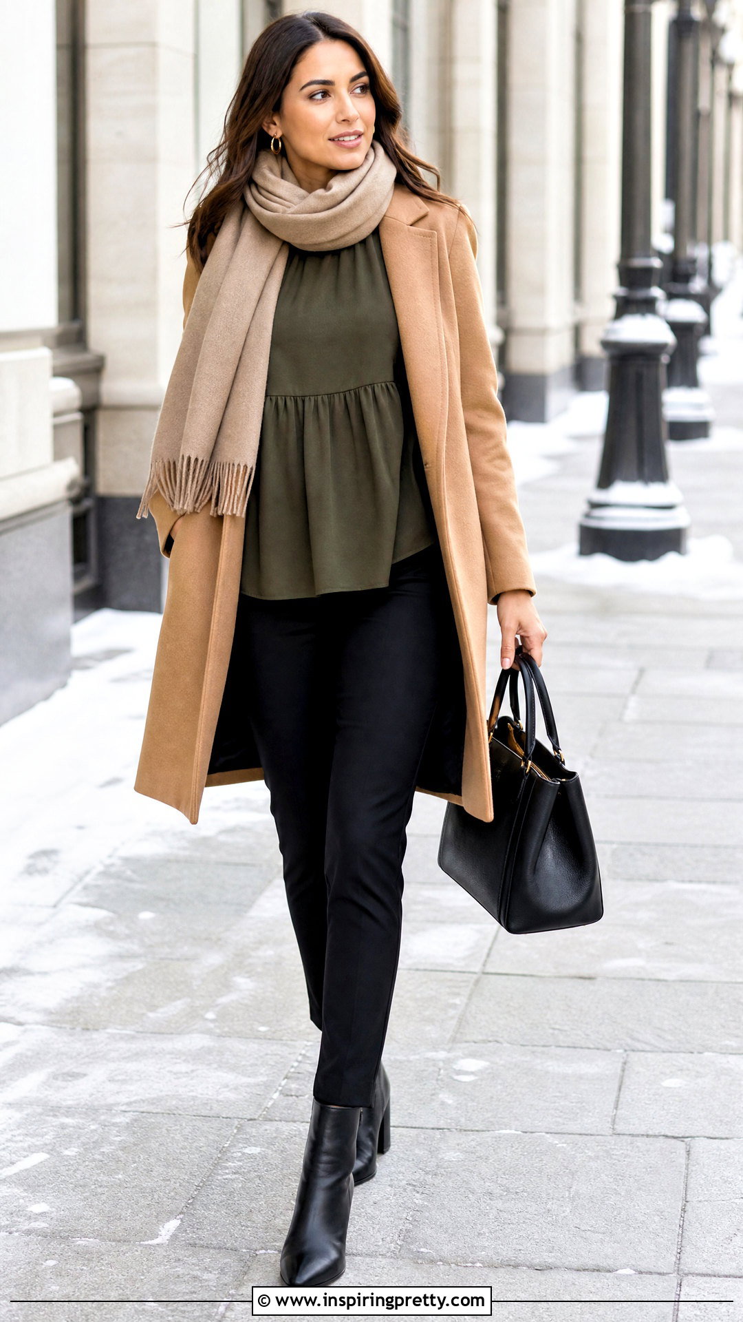 Olive Green Babydoll Top With a Camel Coat and Black Pants - 25 Olive Green Babydoll Top outfit ideas