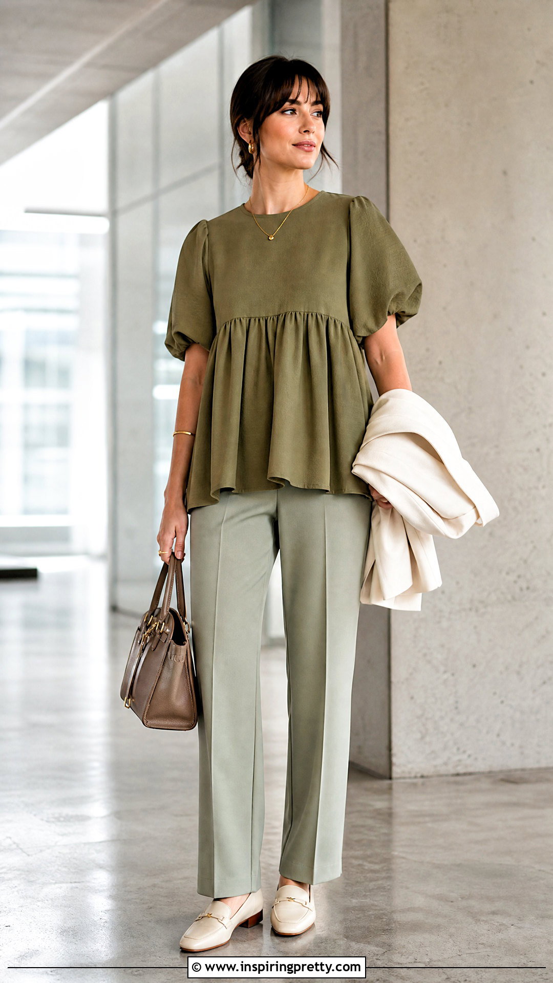 Olive Green Babydoll Top With a Monochrome Olive Outfit - 25 Olive Green Babydoll Top outfit ideas