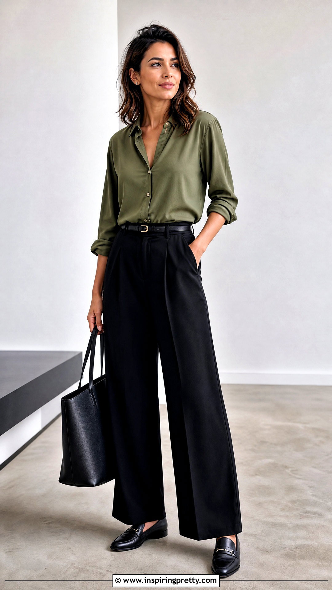 Olive Green Blouse With Black Wide Leg Pants - 20 Casual Olive Green Top outfit ideas