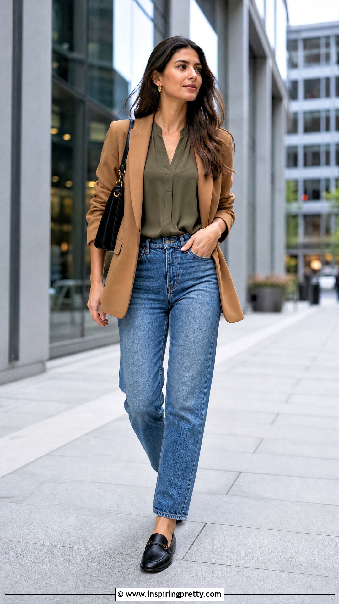 Olive Green Blouse With Blue Jeans And Blazer - 20 Casual Olive Green Top outfit ideas